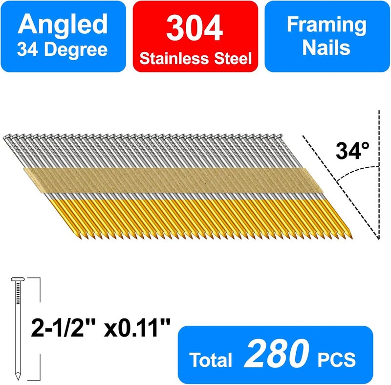 SimCos 34-30 Degree Framing Nails 304 Stainless Steel D Head Paper Tape Strip Nails for 30 to 34 degree Framing Nailer (2-1/2"-280 PCS) - Image 3